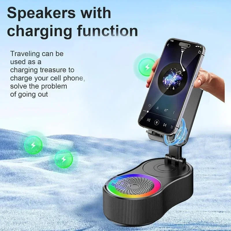 360° Wireless Bluetooth Speaker with LED Light & Foldable Phone Holder