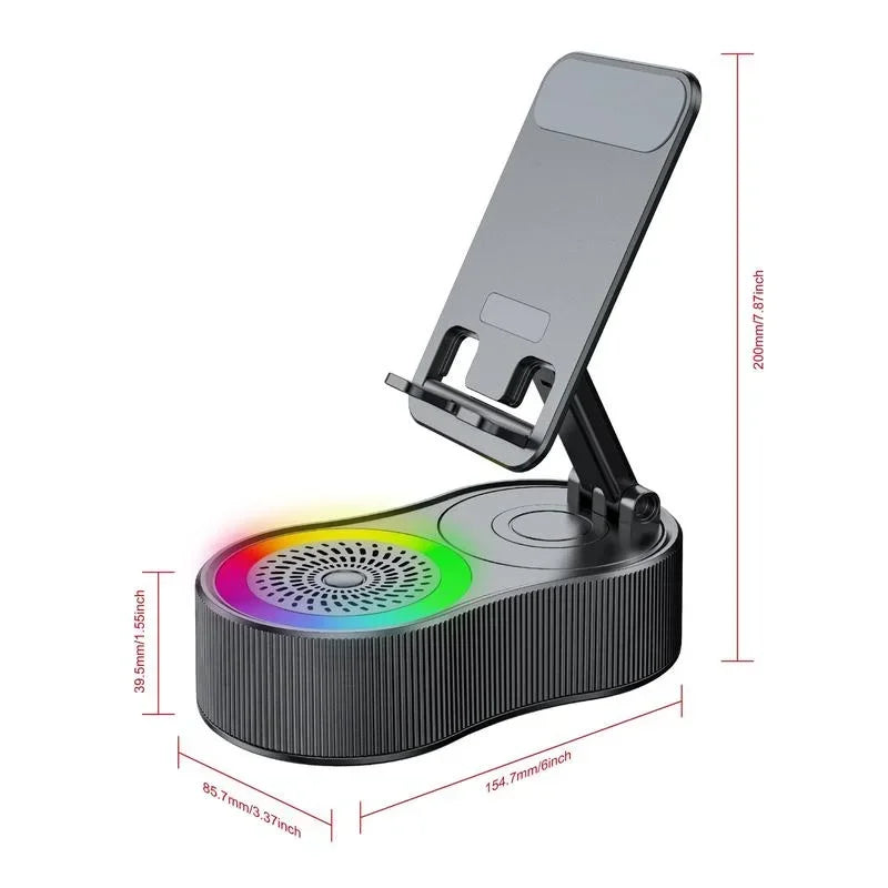 360° Wireless Bluetooth Speaker with LED Light & Foldable Phone Holder