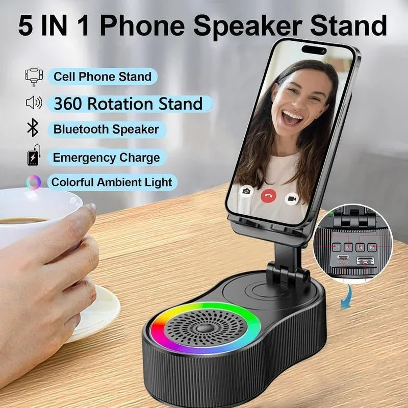 360° Wireless Bluetooth Speaker with LED Light & Foldable Phone Holder