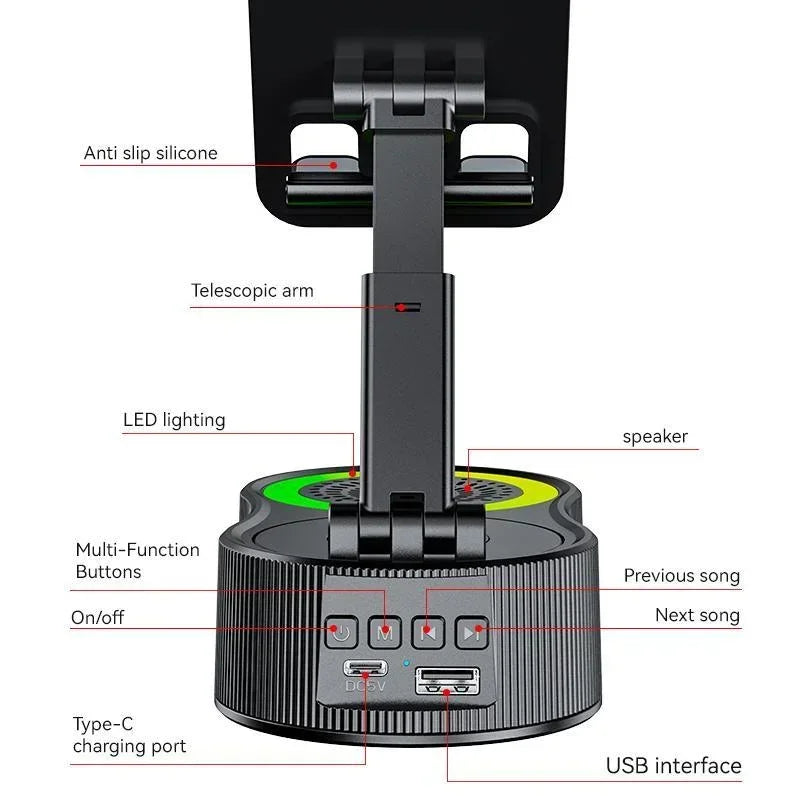 360° Wireless Bluetooth Speaker with LED Light & Foldable Phone Holder