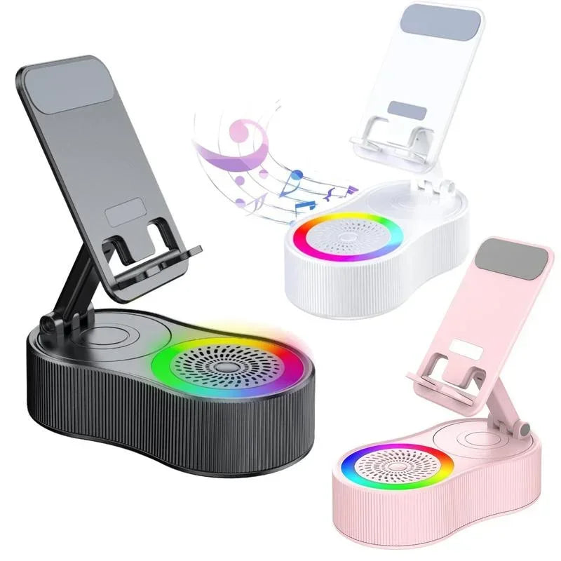 360° Wireless Bluetooth Speaker with LED Light & Foldable Phone Holder